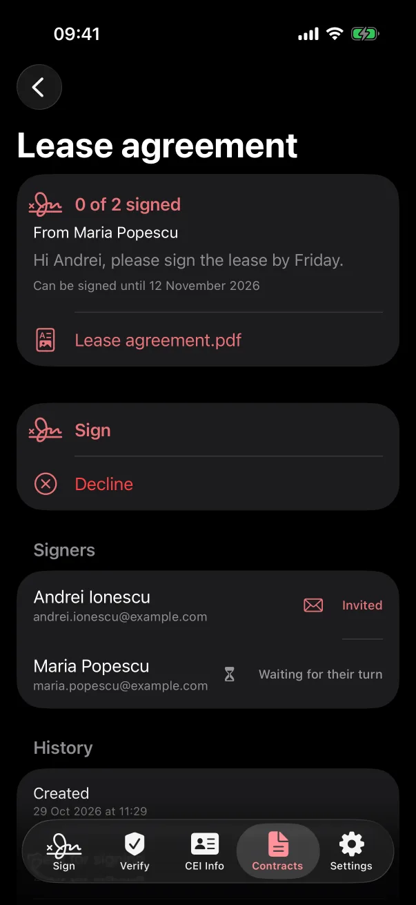 A contract in TapSign, with the Sign and Decline buttons and the list of signers