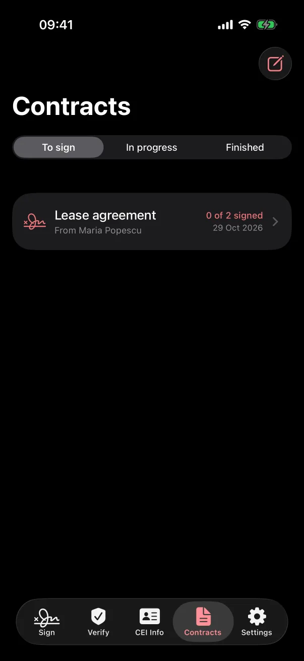 The contracts list in TapSign, with a lease agreement to sign