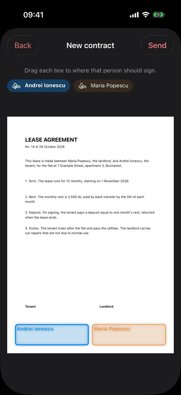 The contract page with a coloured box for each signer