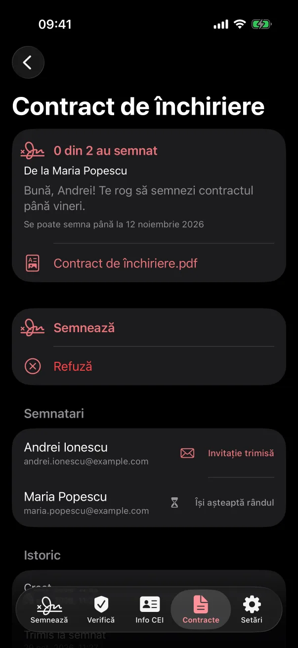 Ecranul unui contract în TapSign, cu butoanele Semnează și Refuză și lista semnatarilor