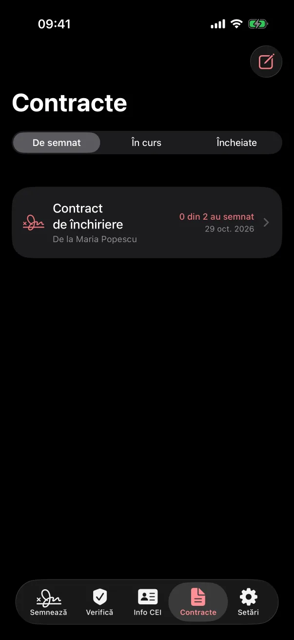Lista de contracte din TapSign, cu un contract de închiriere de semnat