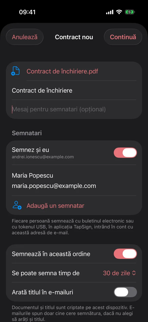 Formularul pentru un contract nou în TapSign