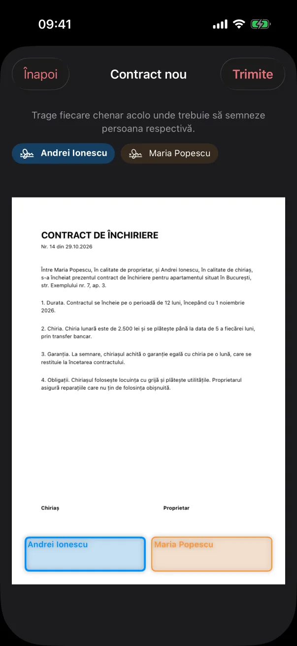 Pagina contractului cu câte un chenar colorat pentru fiecare semnatar